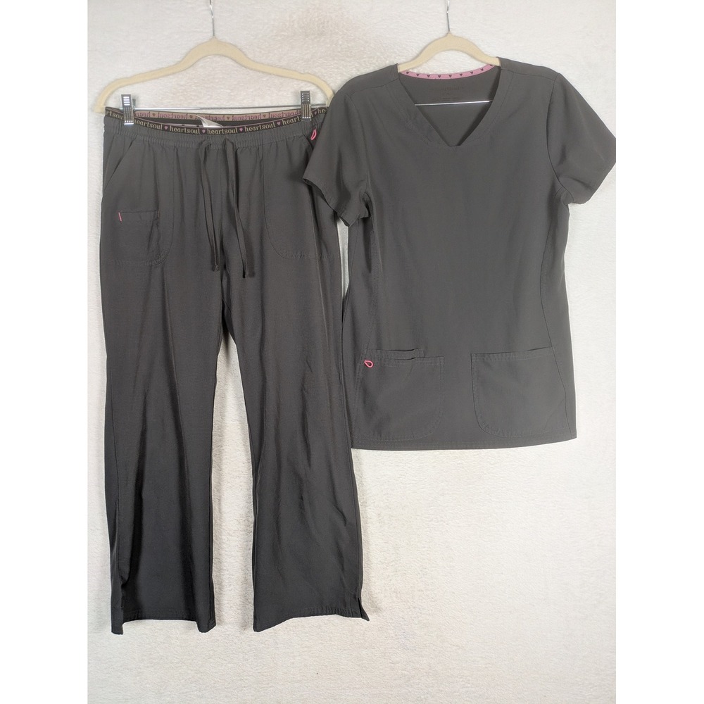 Heartsoul Scrub Set Women's S/M Dark Gray V-Neck Heart Trim Elastic Waist